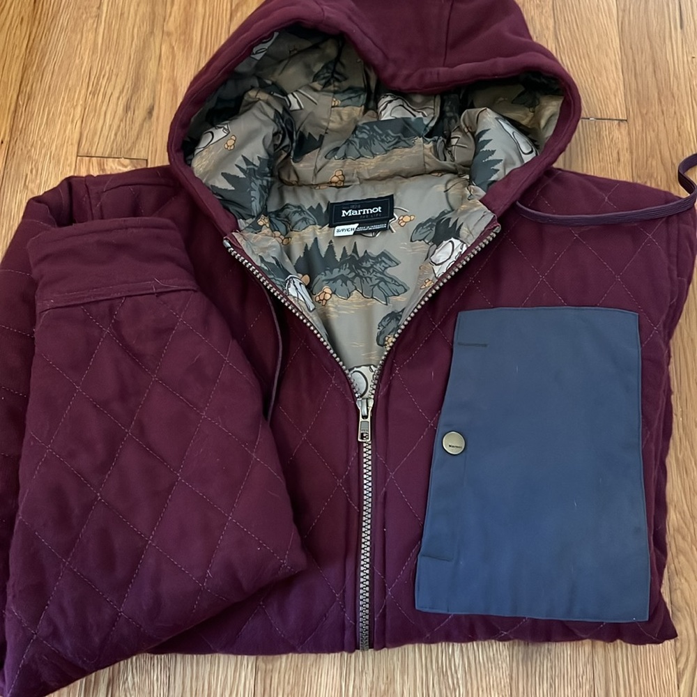 Marmot Men’s Quilted Hoodie Coat Burgundy Size Small - Picture 2 of 2